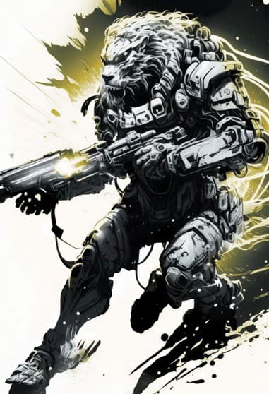 An anthropomorphic lion soldier jumps into combat with his laser carbine ready.
