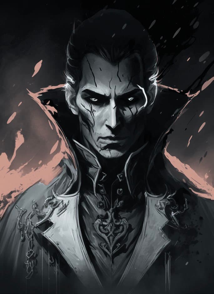 A vampire-like noble stares menacingly.