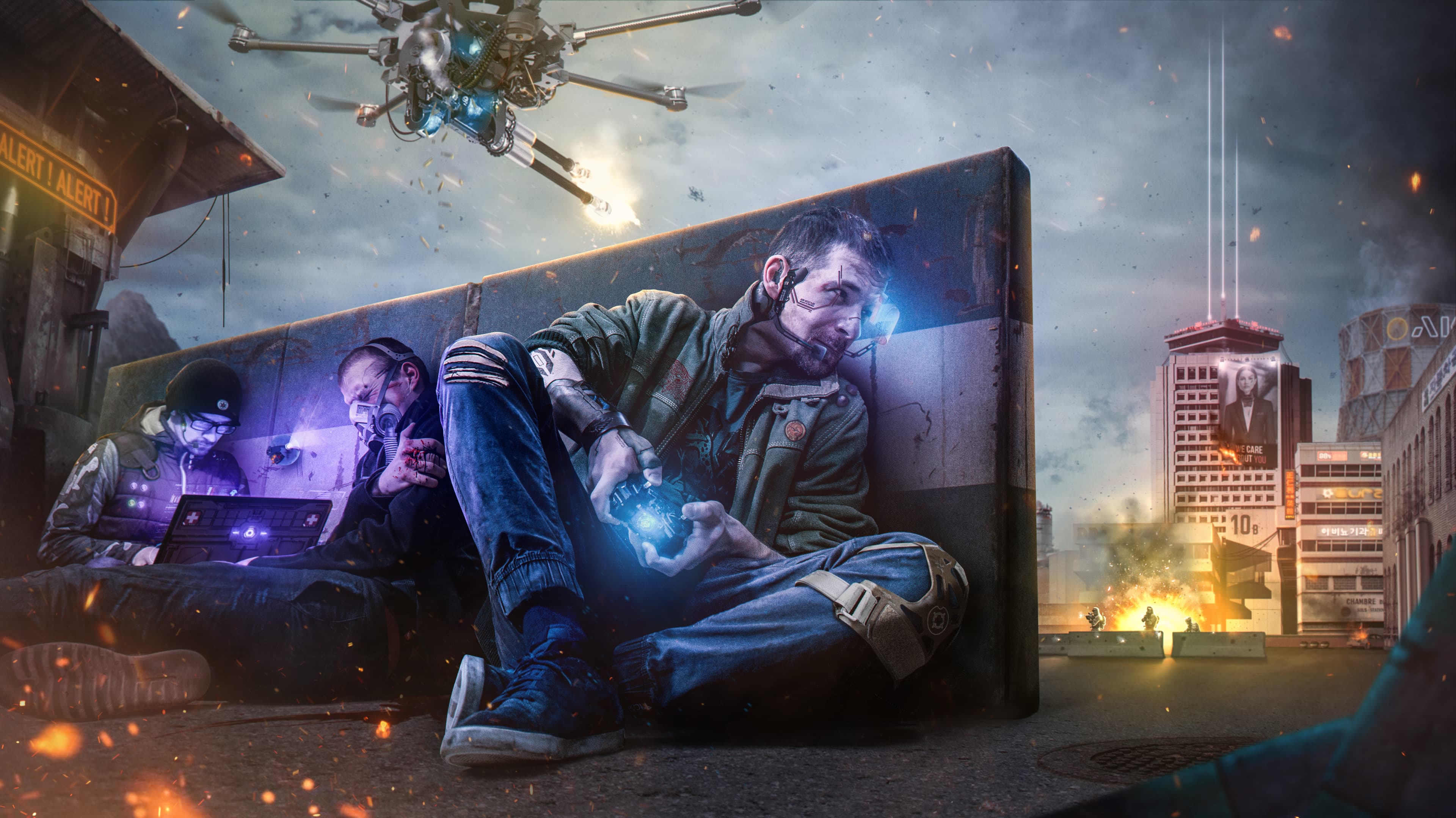 A drone operator conducts remote ops and combat while members of his team conduct a hacking attack. They are hiding behind a wall, with corpo offices in the background.