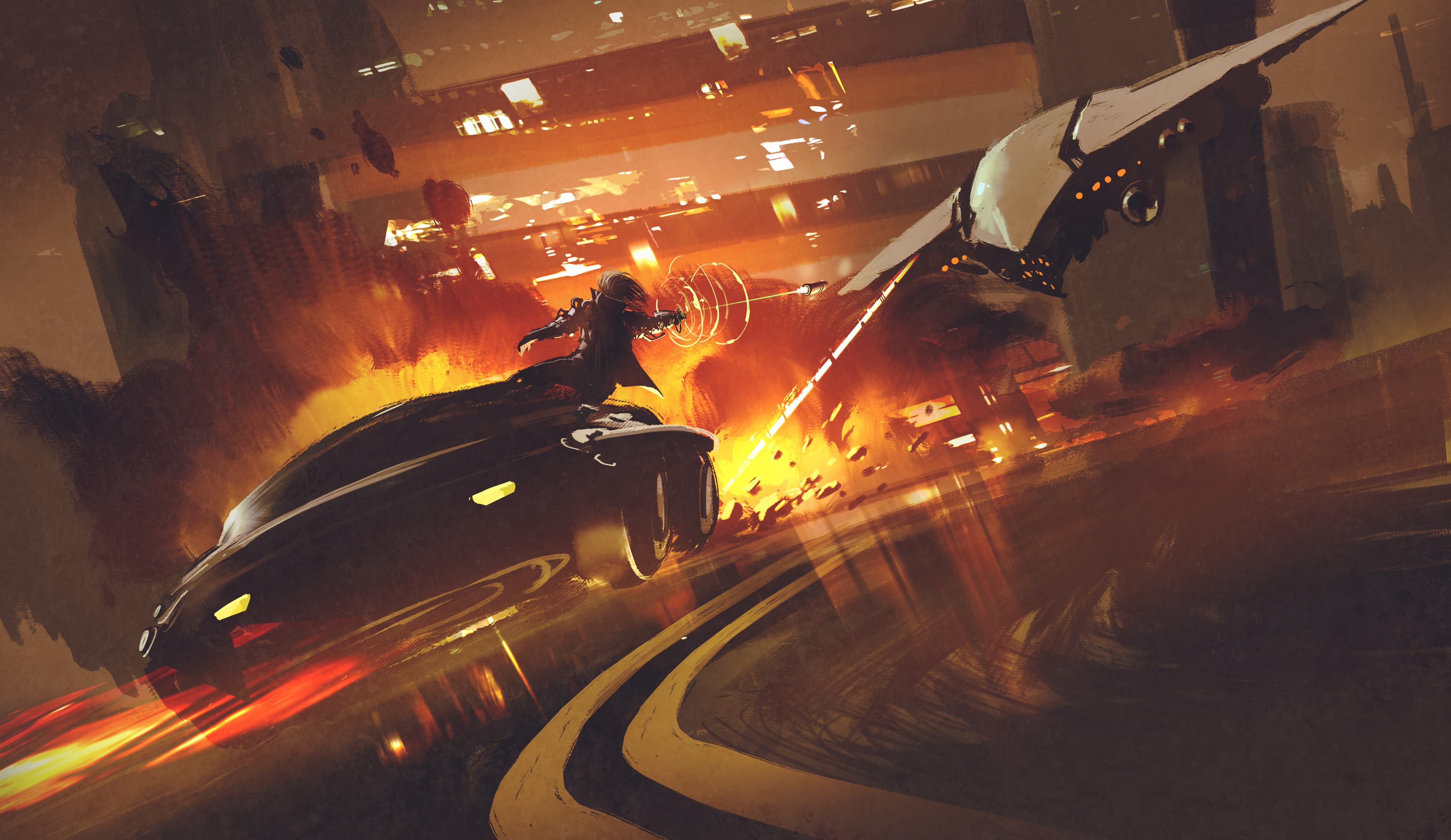 A high-speed chase scene with futuristic vehicles navigating through a neon-lit cityscape.