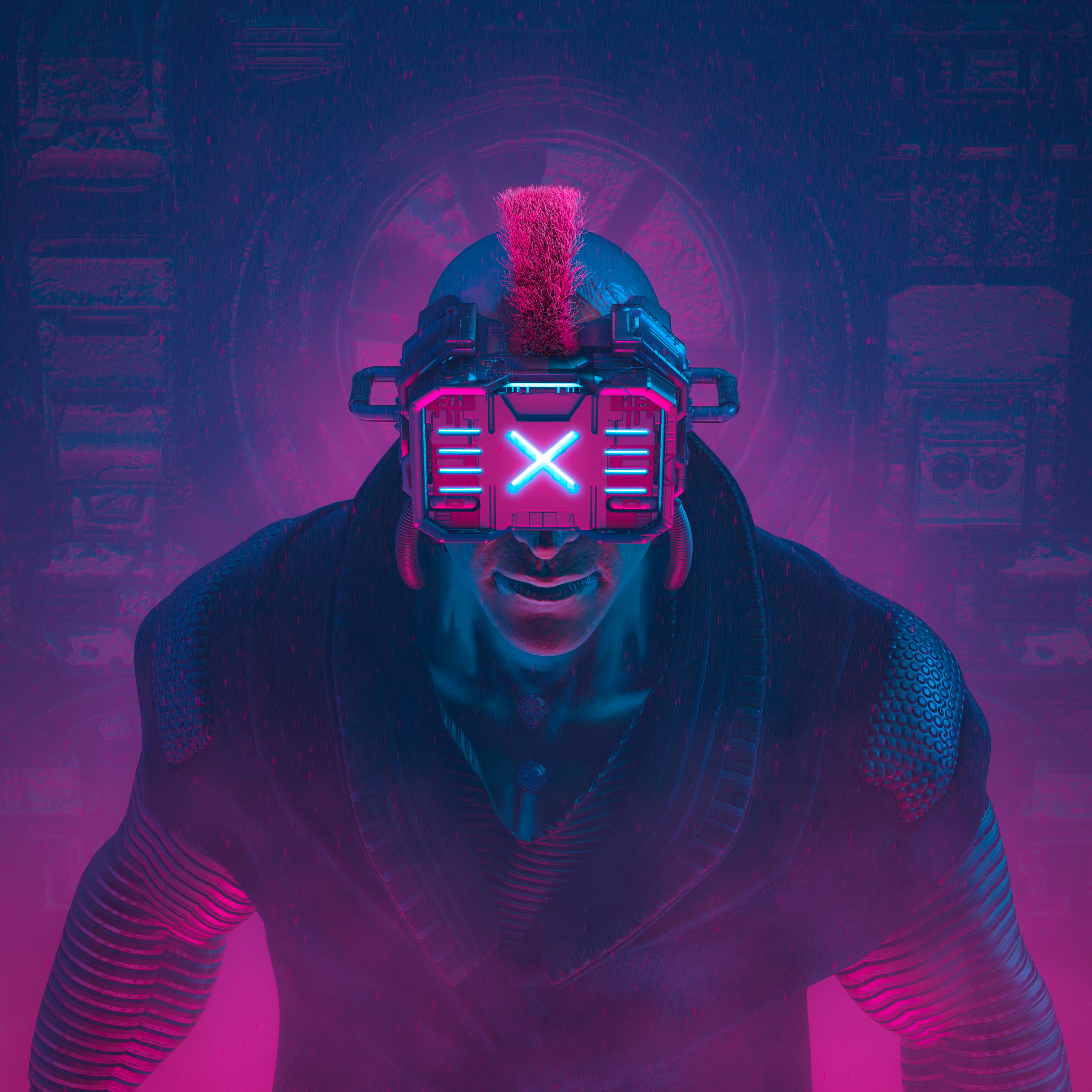 A glitched with a pink mohawk jacked into the mesh.