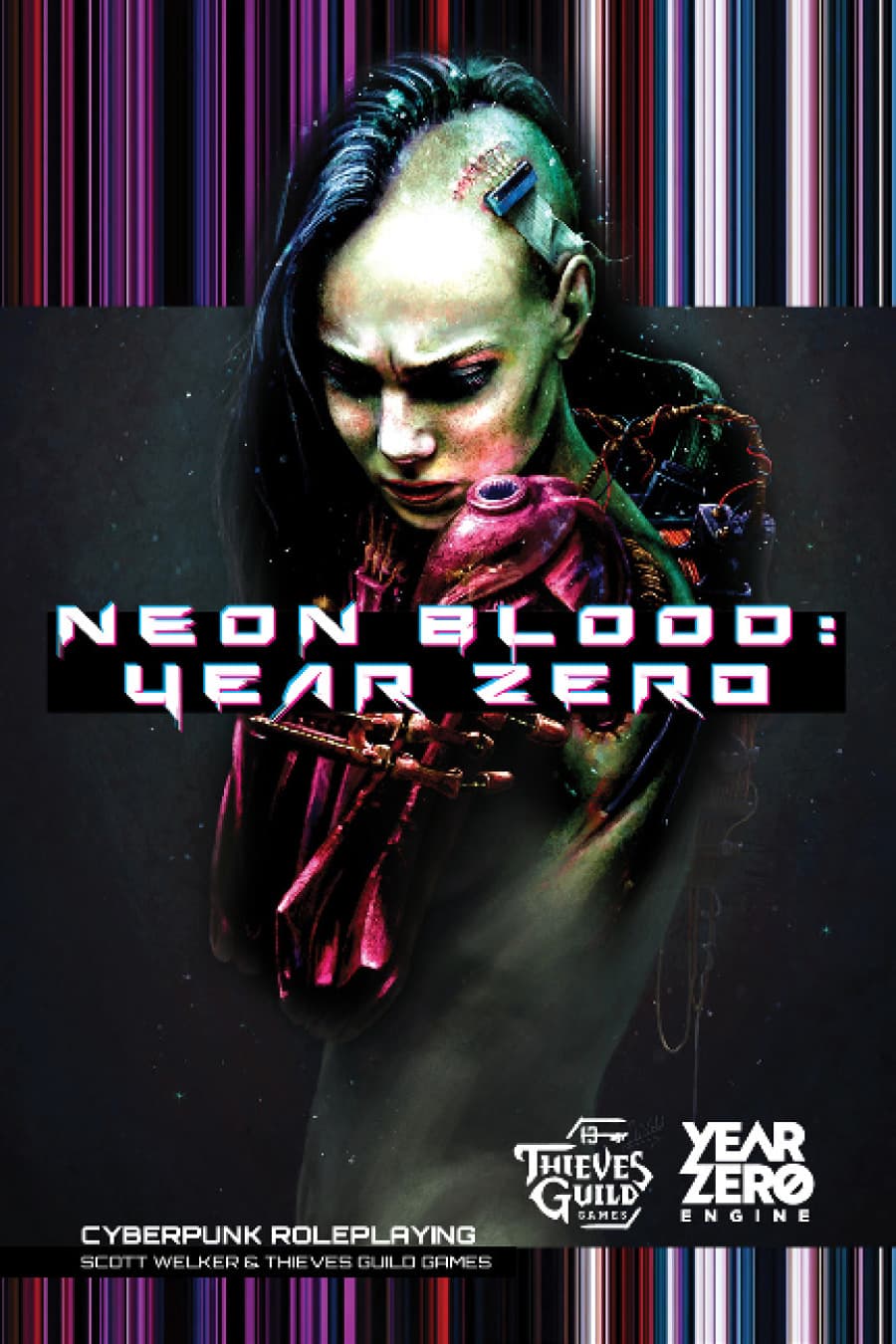 Cover art for Neon Blood: Year Zero, showing a cyberpunk figure against a dark neon backdrop