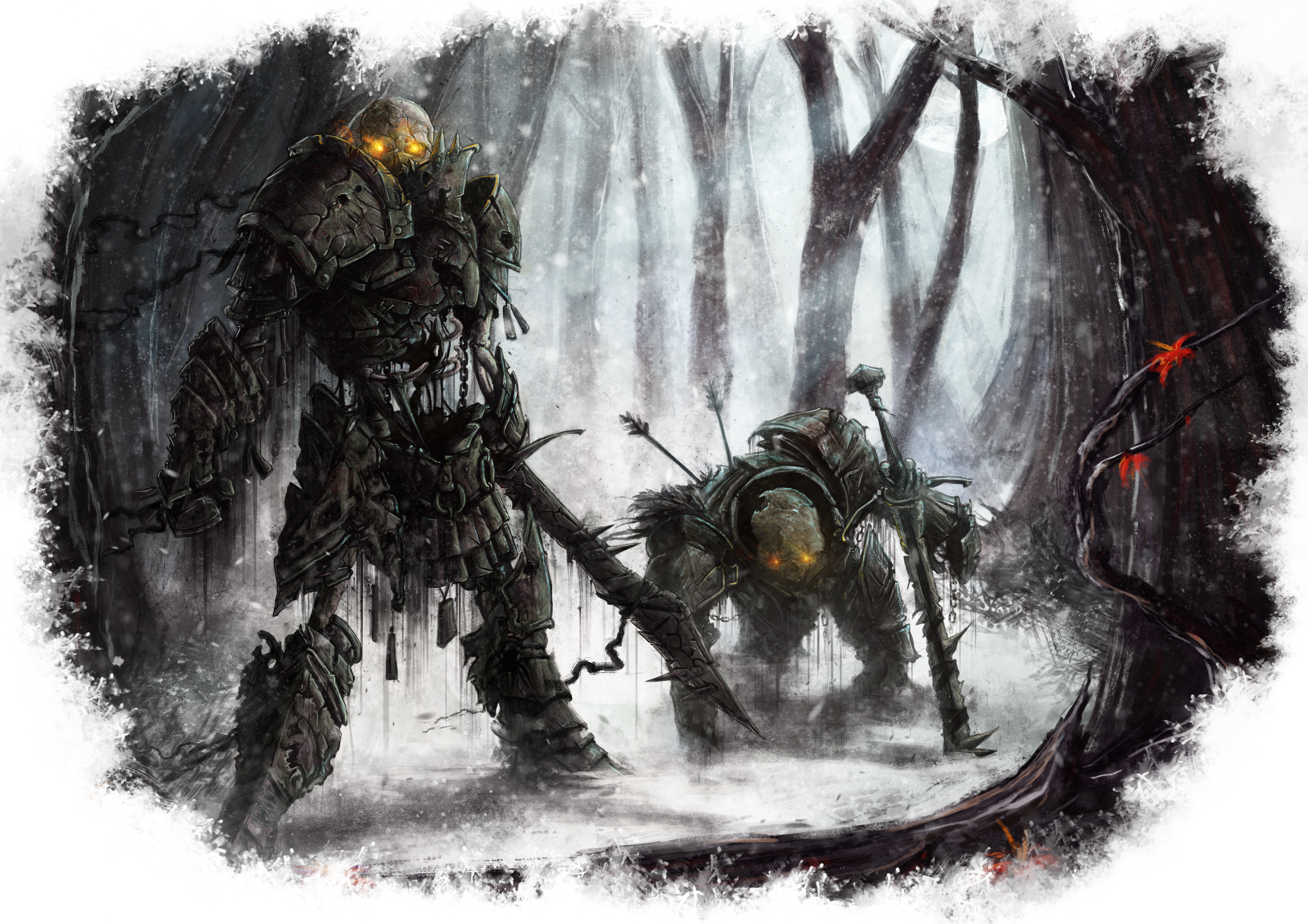Two undead skeletons stalk prey in a forest.