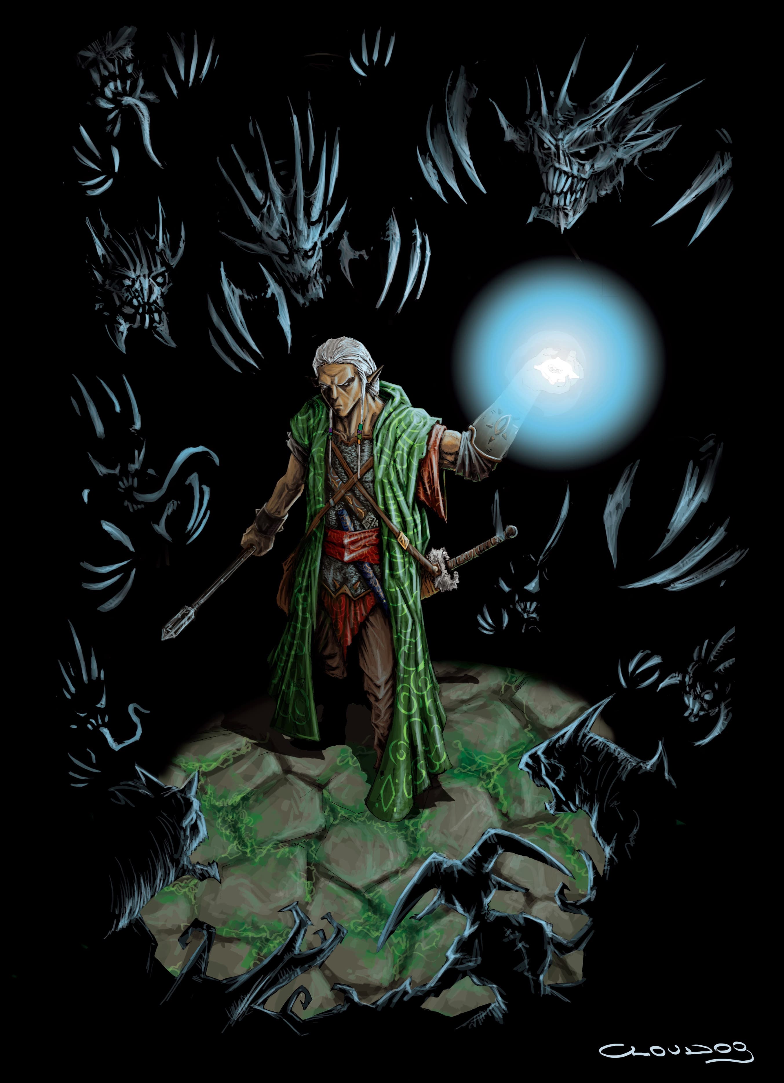 An elven warrior holding a crystal-tipped wand and a glowing stone stands in a dark cavern surrounded by horrible monsters.
