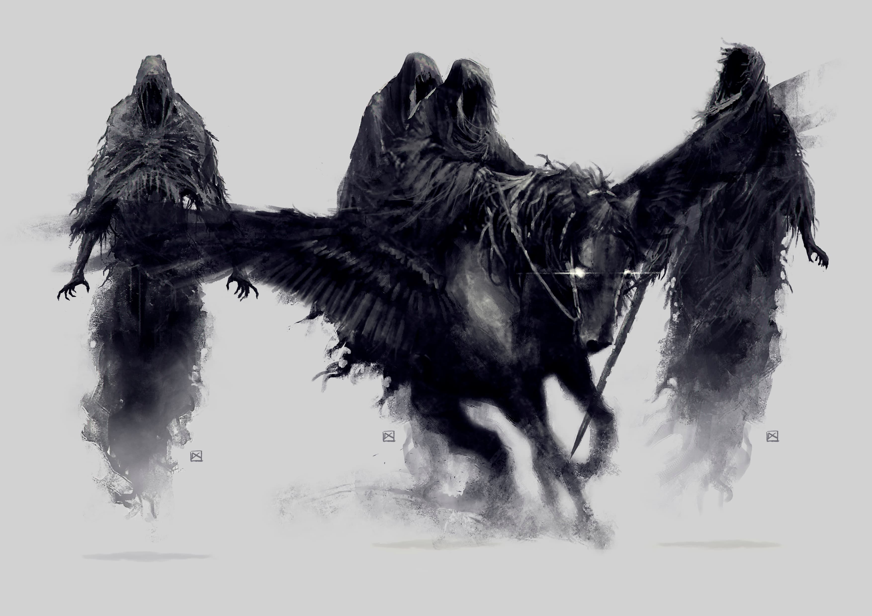 Several wraiths advancing towards the viewer - one of them is on a wraith-like horse.