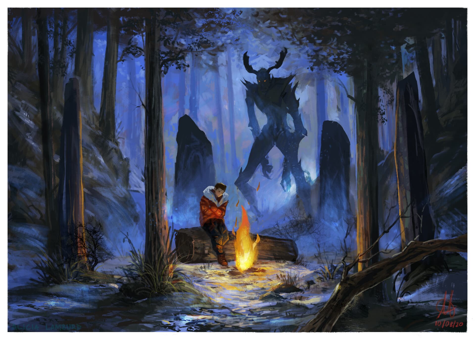 An occult ceremony in a forest at night, a large cryptid of some sort looms in the background.