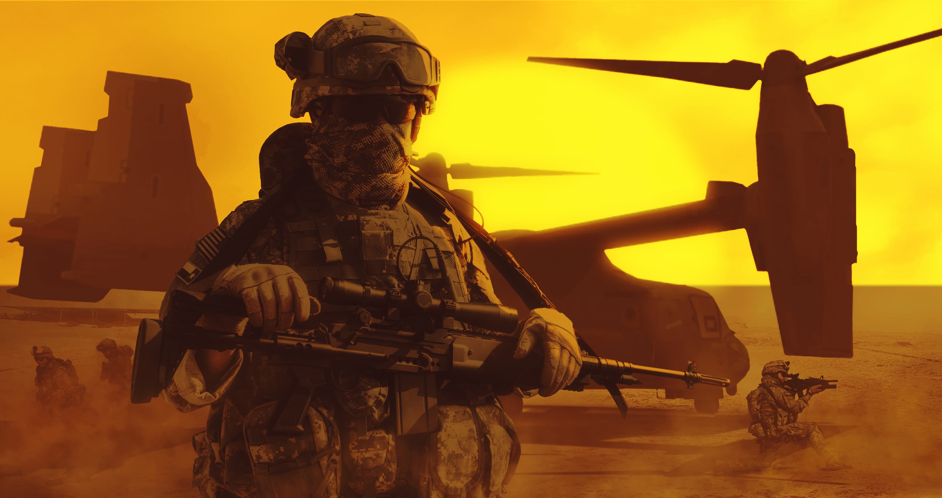 A combat medic in the foreground with a V-22 Osprey in the background. Desert landscape at sunrise.